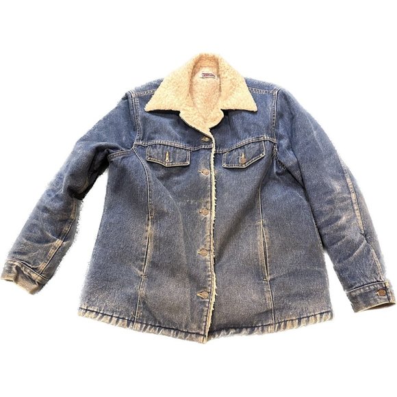 VTG Big Mac Denim Jean Jacket Sherpa Lined Collar Coat Size LG Made in USA